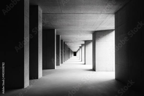 Fototapeta Empty,  long concrete hallway leading to a distant light source.