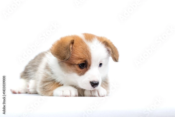 Obraz sad red and white puppy looking down on white background welsh corgi pembroke breed