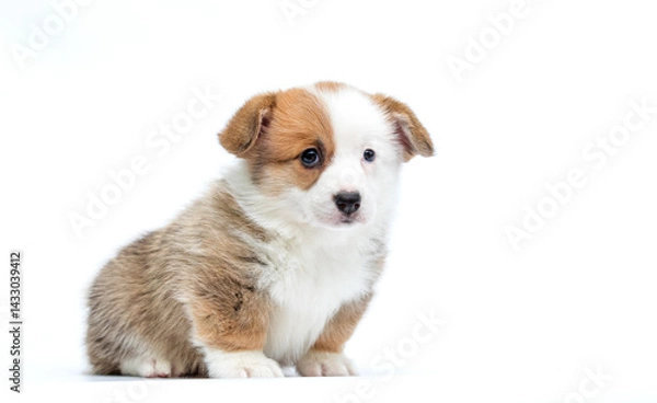 Obraz red and white puppy sits and looks at camera on white background welsh corgi pembroke breed