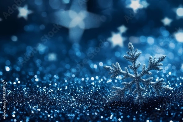 Fototapeta Sparkling Glitter Snowflake on Shimmering Blue Background with Bokeh Holiday Lights