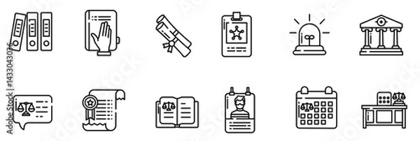 Fototapeta Law and justice set of web icons in linear style. Justice and law icons for web and mobile app. Legal documents. Law, judgement, prison, justice, court legal, lawyer, criminal. Vector illustration