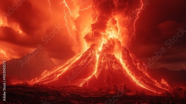 Fototapeta Volcano erupting with lava and lightning..
