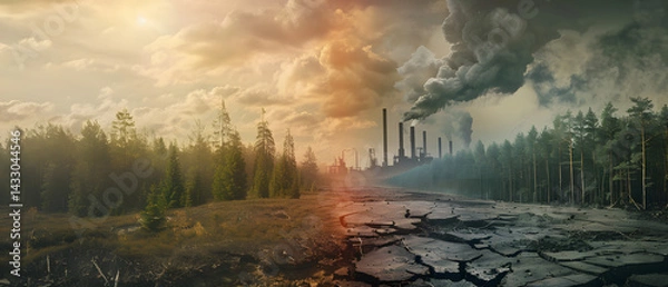 Fototapeta split view of a healthy green forest and a dry cracked