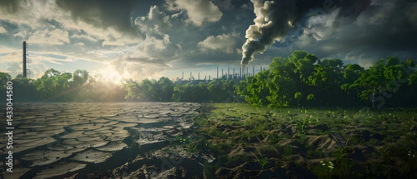 Fototapeta split view of a healthy green forest and a dry cracked