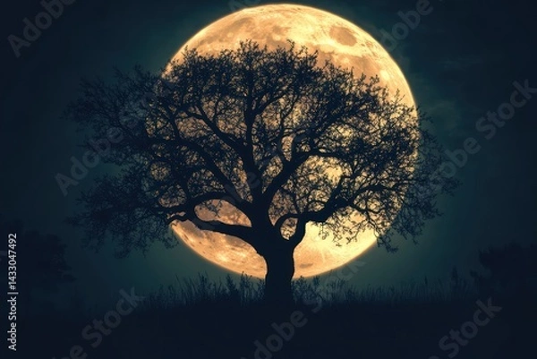 Fototapeta Spooky Forest Tree Silhouette Against Full Moon