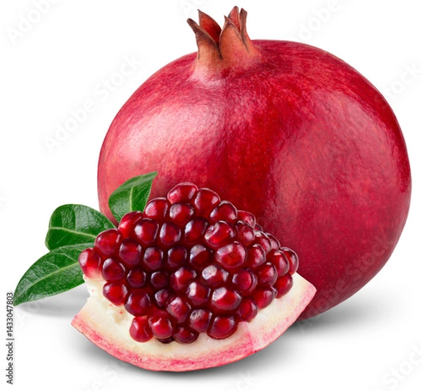 Fototapeta Pomegranate isolated png. Whole pomegranate with seeds and leaves on transparent background. Pomegranate slice no background. Perfect retouched transparent png. Full depth of field.