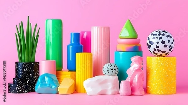Fototapeta Colorful Abstract Geometric Sculptures on Pink Background