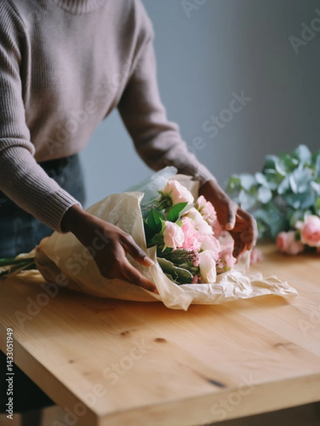 Fototapeta African American florist in process of creating a bouquet of flowers
