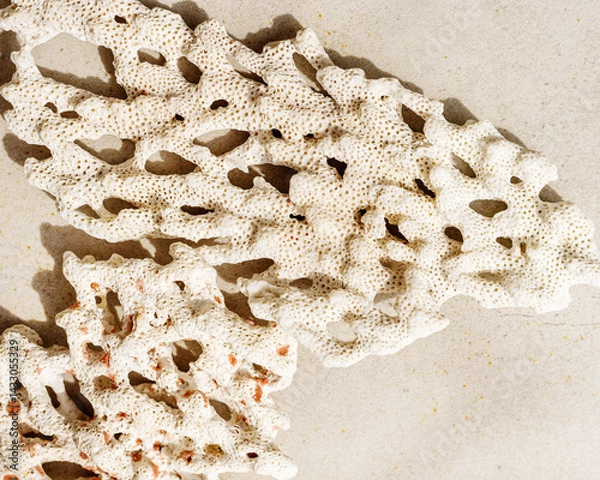 Obraz White coral on light neutral colored beige gray background. Natural textures corals, sunlight shadow, summer nature still life scenery minimal style trendy photo, top view,  copy space