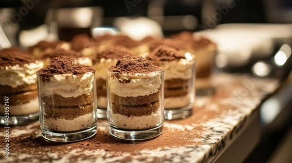 Fototapeta Three jars of tiramisu are displayed on a marble surface, surrounded by scattered coffee beans and cocoa powder. 