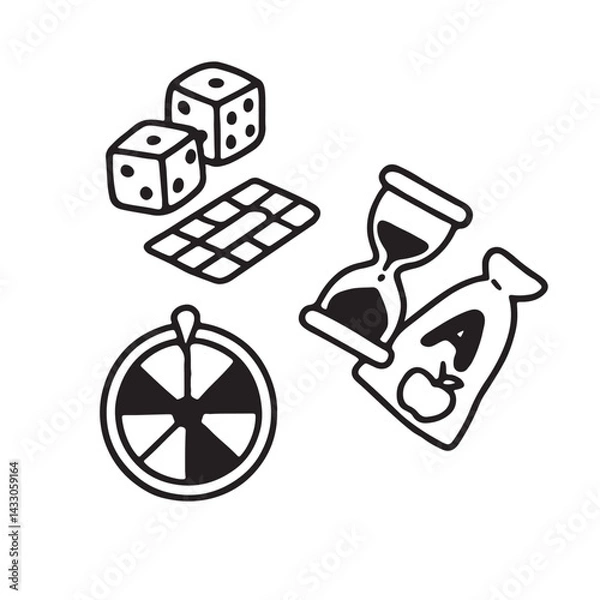 Obraz Hand Drawn Black and White Kids Playing Board Game and Card Icons
