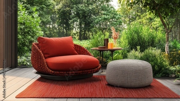 Obraz Red outdoor rug on patio deck with modern chair, pouf, tray table and surrounding greenery in minimal garden setting, cozy and contemporary outdoor relaxation space