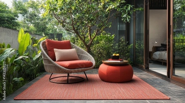 Obraz Red outdoor rug on patio deck with modern chair, pouf, tray table and surrounding greenery in minimal garden setting, cozy and contemporary outdoor relaxation space