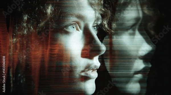 Fototapeta Woman looking at ethereal version of herself made from abstract sound waves, conceptual scene exploring identity, self-reflection, and human connection to audio frequencies