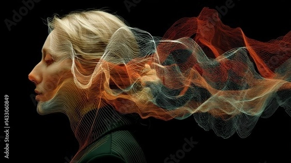 Fototapeta Woman looking at ethereal version of herself made from abstract sound waves, conceptual scene exploring identity, self-reflection, and human connection to audio frequencies