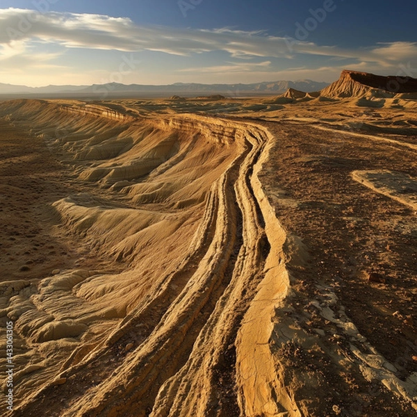 Obraz Wind erosion uncovers earth's layers and textures unveiling a long history of geological changes 