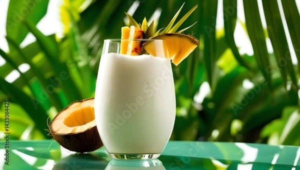 Fototapeta Fresh coconut juice beverage garnished with tropical fruit, set against vibrant green background, evokes refreshing summer vibe. Perfect for enjoying in nature