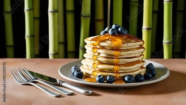 Fototapeta Delicious blueberry pancakes stacked high, drizzled with golden honey, set against serene bamboo background. perfect breakfast treat that evokes warmth and comfort