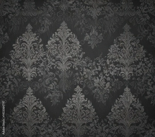 Fototapeta Dark grey damask on charcoal background  Subtle silver highlights , dark, vintage