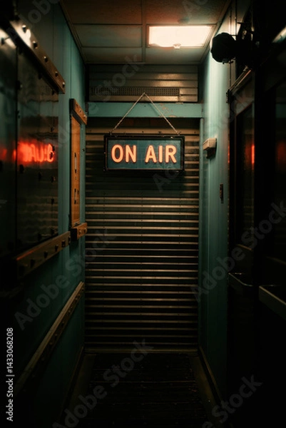 Fototapeta Nostalgic Radio Studio Hallway with a Glowing 'On Air' Sign in Warm Ambient Lighting