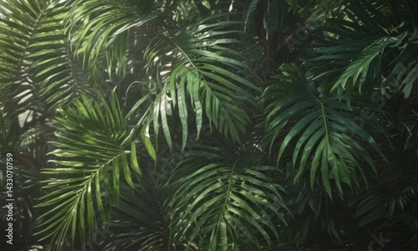 Fototapeta Deep emerald & jade palm leaves, sunlight filtering through, rich textures , leaves, light