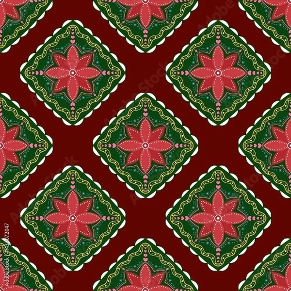 Fototapeta Seamless fabric pattern, red and green floral pattern