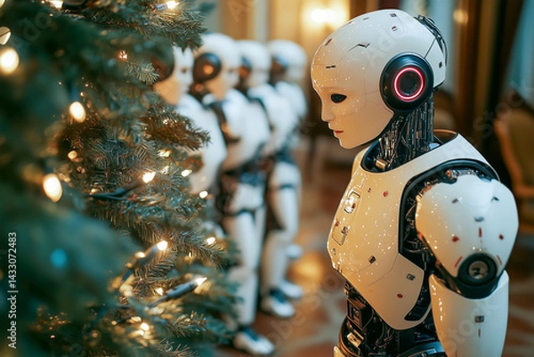 Obraz The android robot is looking at a lit Christmas tree. Horizontally. 