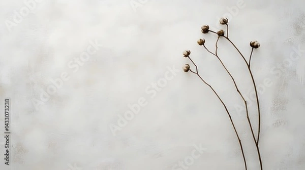 Obraz 10. Two minimalist flowers with small, round petals and thin stems, positioned diagonally across a light gray canvas to create a sense of flow and harmony