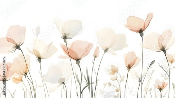 Fototapeta 6. A minimalist floral composition featuring delicate petals in muted pinks and whites, with thin green stems adding a touch of contrast against a white background