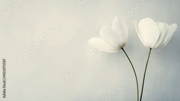 Fototapeta 4. A pair of minimalist flowers with pale petals and slender stems, arranged side by side on a light gray background, emphasizing their clean, geometric forms