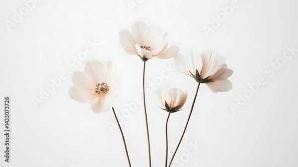 Obraz 1. A simple arrangement of three flowers with thin stems, each positioned in a way that highlights their minimalistic structure and soft pastel tones, set against a plain white background