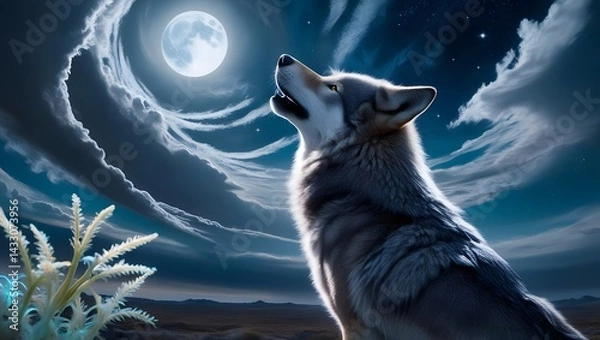 Fototapeta Majestic wolf gazing at moonlit sky, howling softly under shimmering stars, surrounded by ethereal clouds and serene landscape
