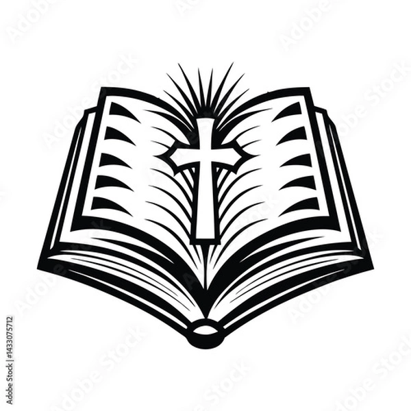 Fototapeta Open Book Silhouette With Cross Shining Radiance Black and White Religious Symbol