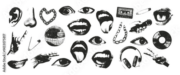 Obraz 
Trendy halftone monochrome photocopy lips, mouth, eyes, disco ball, headphones, chain effect. Grunge punk dots texture. Vector illustration for vintage music poster or banner.