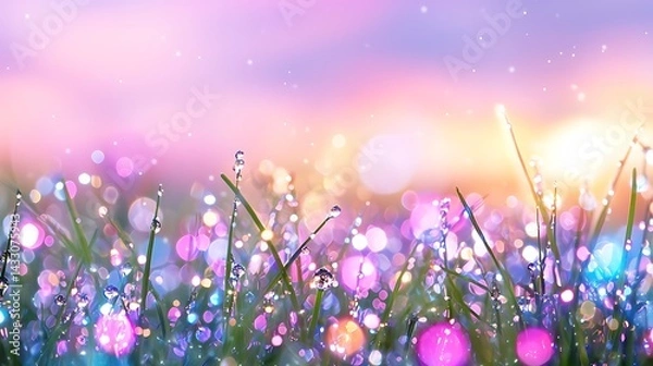 Fototapeta Colorful Dew Drops on Grass at Sunrise