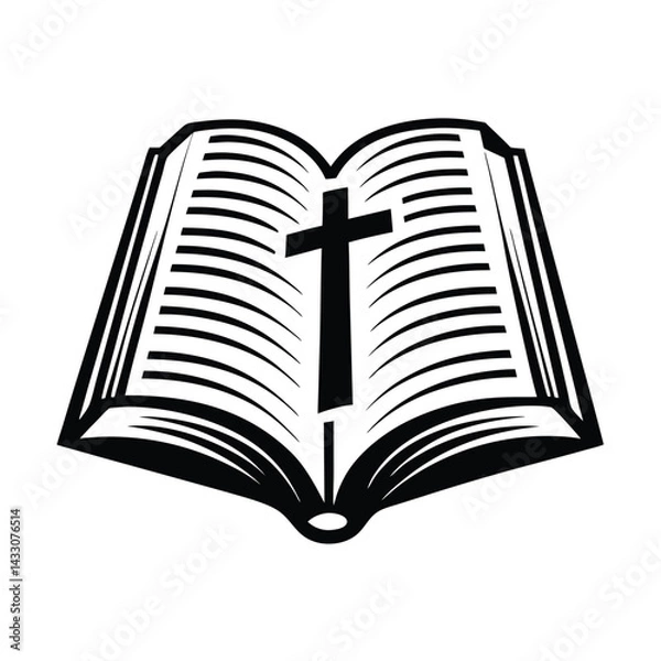 Fototapeta Open Book Silhouette with Christian Cross Symbol, Simple, Modern, Isolated on White