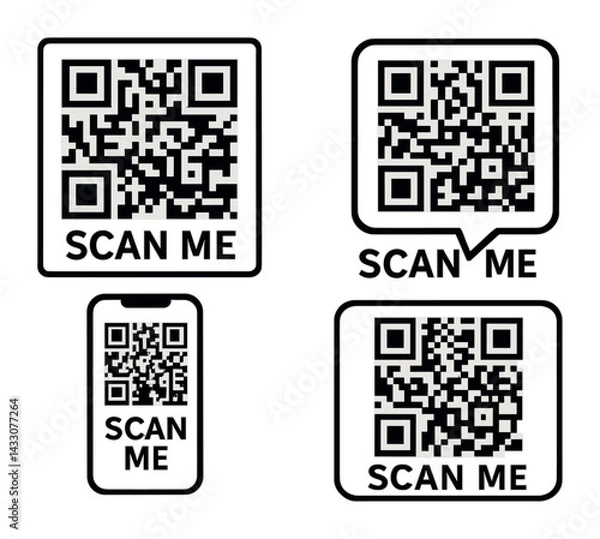 Obraz Qr code scan icons set – linear style for technology, digital interface, and fast access: smartphone, speech bubble, square, barcode, scan text