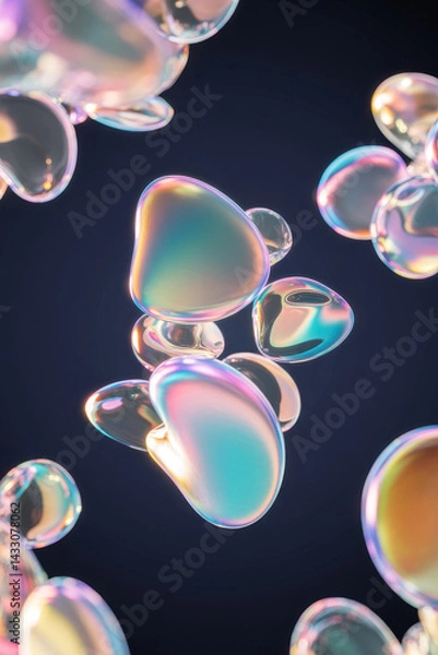 Fototapeta Translucent Colorful Soap Bubbles Floating Against a Dark Background with a Glittering Ethereal Feel