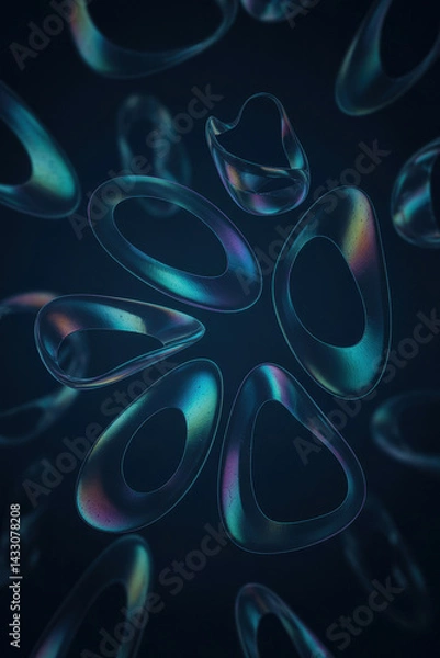 Fototapeta Abstract Colorful Organic Forms Floating in Dark Space with Vibrant Iridescent Highlights