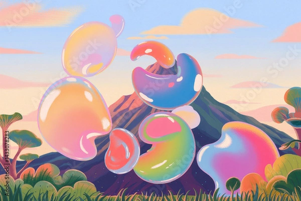 Obraz Whimsical Colorful Bubbles Floating Near Vibrant Mountain in Soft Pastel Skies