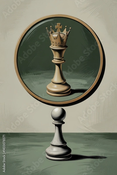 Fototapeta Symbolic Chess King Piece Reflected in Round Frame on Elegant Background with Soft Shadows