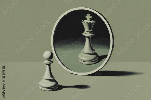 Obraz Transformational Chess Concept: Pawn Reflecting Royal Ambitions in Minimalist Style