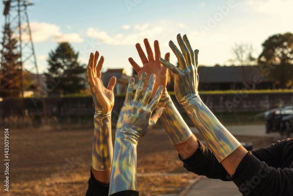 Obraz Dramatic Display of Hands in Shimmering Metallic Gloves Reaching Towards the Sky at Sunset