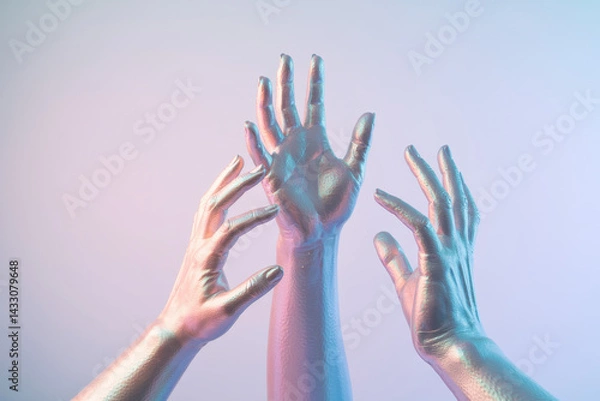 Obraz Futuristic Metallic Hands Reaching Towards Each Other in Soft Pastel Glow