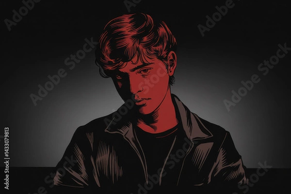 Obraz Introspective Young Man in Dramatic Black and Red Illumination with Strong Shadows
