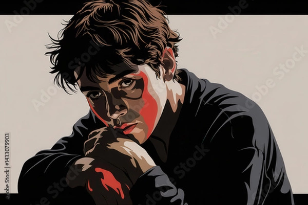 Fototapeta Introspective Young Man Contemplating Life in Dramatic Light and Shadow with Expressive Features