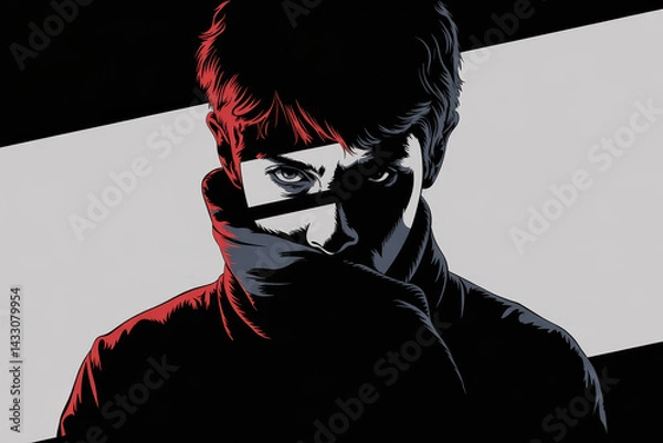 Obraz Mysterious Young Man in Dark Jacket with Half-Face Shadow and Striking Red Highlights Against Minimalist Background