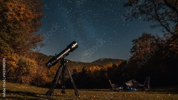 Fototapeta Night Sky Observation: Stargazing Adventure under Autumn Leaves