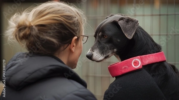 Fototapeta A heartwarming moment between a woman and a rescued dog at an animal shelter
