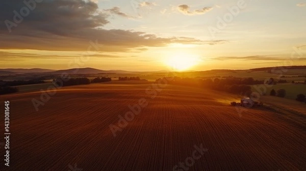 Fototapeta Golden Hour Harvest: Aerial View of a Tractor Working in a Vast Field at Sunset